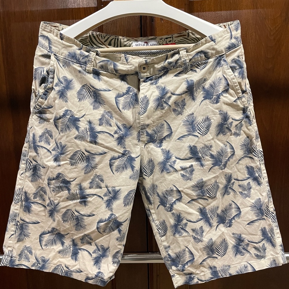 Blue and Cream Flat Front Shorts with Floral Design